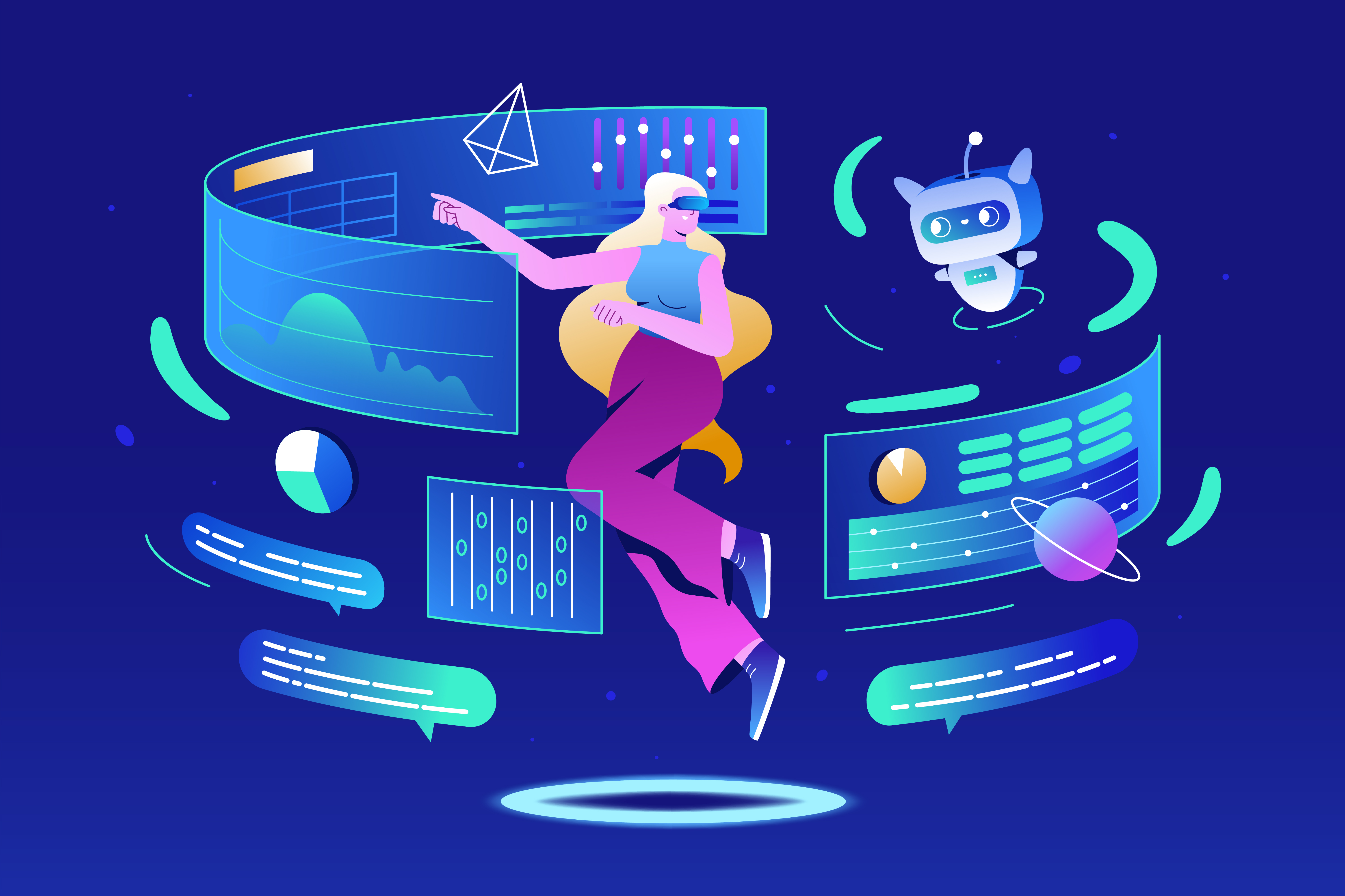 Flat woman in virtual reality glasses communication with ai robot in metaverse. Future innovations, artificial intelligence or digital technology. Girl in vr goggles flying with robotic assistant.